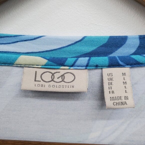LOGO By Lori Goldstein Womens Satin Hem Tunic Top Size M Blue Printed Asymmetric - Picture 11 of 16